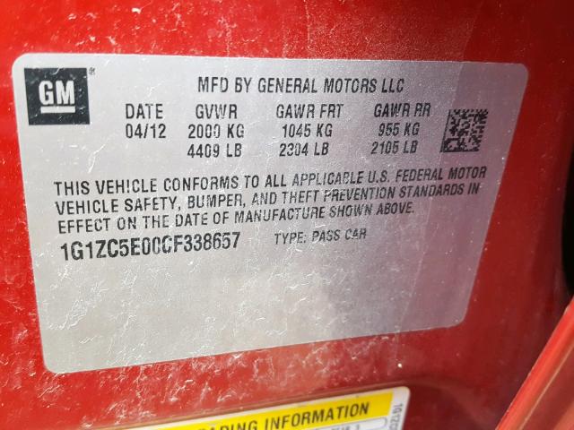 1G1ZC5E00CF338657 - 2012 CHEVROLET MALIBU 1LT MAROON photo 10