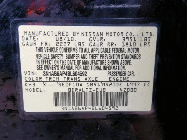 3N1AB6AP4BL604592 - 2011 NISSAN SENTRA 2.0 BLACK photo 10