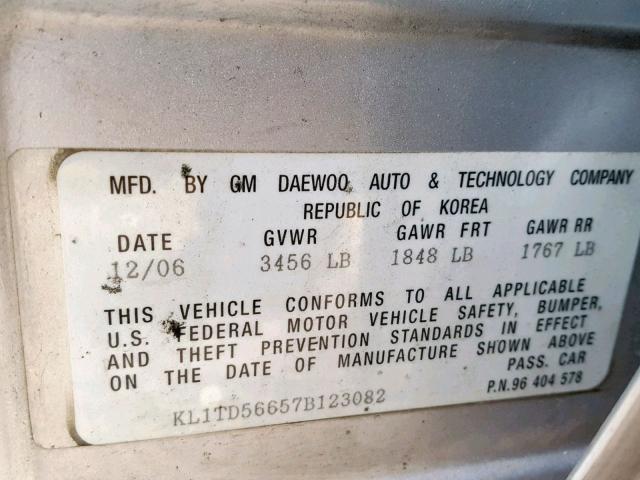 KL1TD56657B123082 - 2007 CHEVROLET AVEO BASE 银色 照片 10