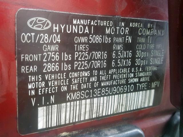 KM8SC13E85U906910 - 2005 HYUNDAI SANTA FE G RED photo 10