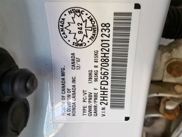 2HHFD56708H201238 - 2008 ACURA CSX TECHNO WHITE photo 10