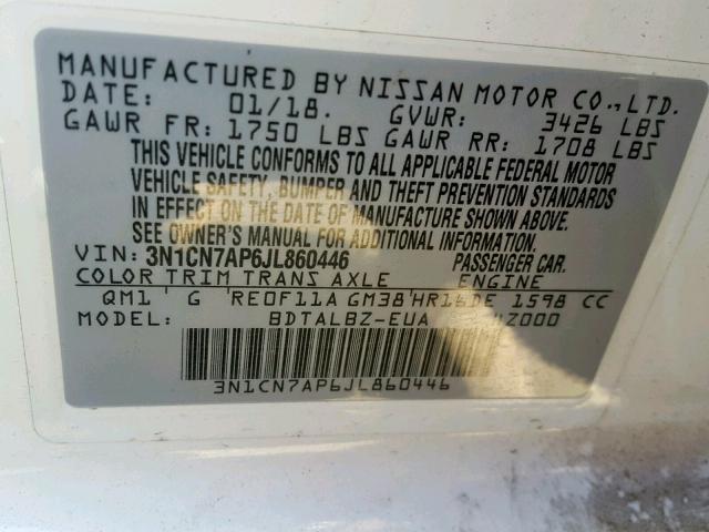 3N1CN7AP6JL860446 - 2018 NISSAN VERSA S WHITE photo 10