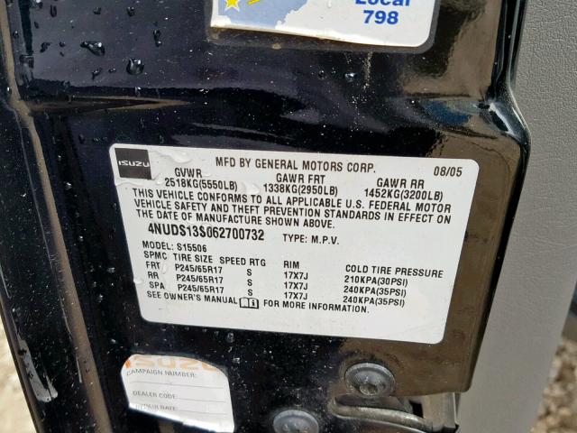 4NUDS13S062700732 - 2006 ISUZU ASCENDER S BLACK photo 10
