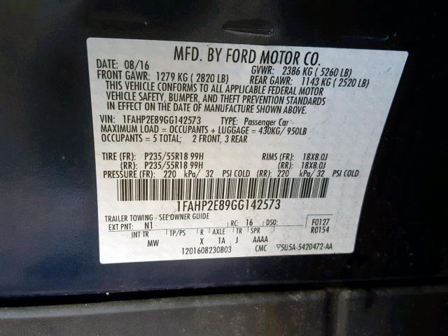 1FAHP2E89GG142573 - 2016 FORD TAURUS SEL BLUE photo 10