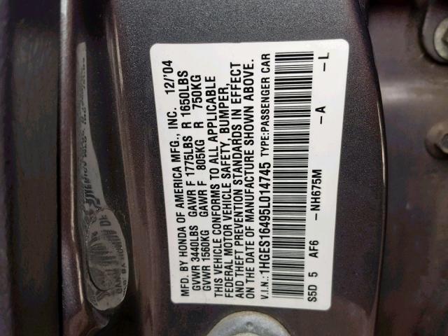 1HGES16495L014745 - 2005 HONDA CIVIC DX GRAY photo 10