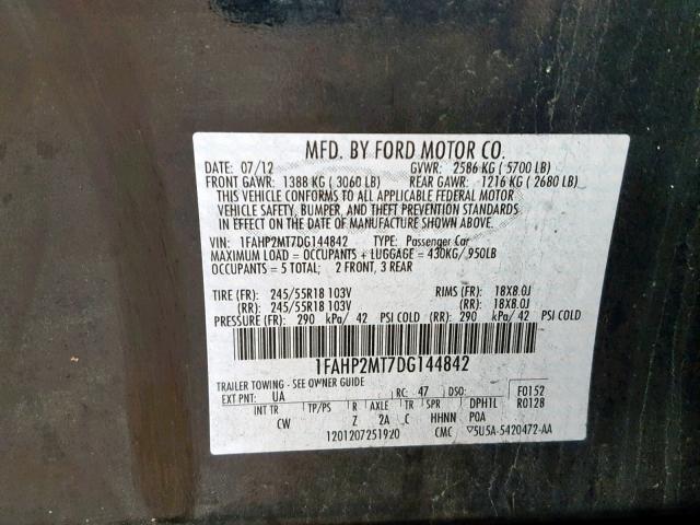 1FAHP2MT7DG144842 - 2013 FORD TAURUS POL BLACK photo 10