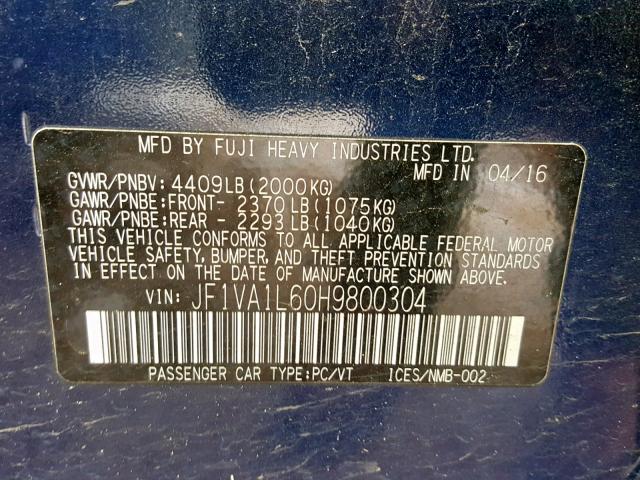 JF1VA1L60H9800304 - 2017 SUBARU WRX LIMITE BLUE photo 10