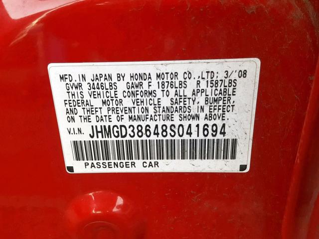 JHMGD38648S041694 - 2008 HONDA FIT SPORT RED photo 10