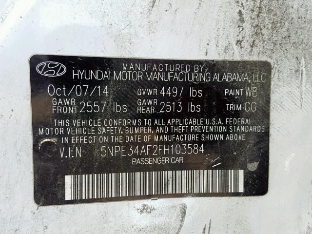 5NPE34AF2FH103584 - 2015 HYUNDAI SONATA SPO WHITE photo 10