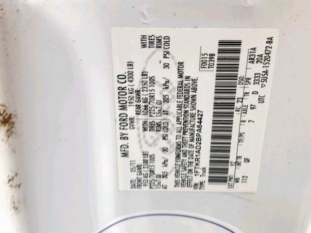 1FTKR1AD2BPA64427 - 2011 FORD RANGER WHITE photo 10