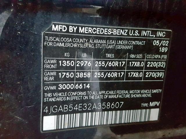 4JGAB54E32A358607 - 2002 MERCEDES-BENZ ML 320 BLUE photo 10