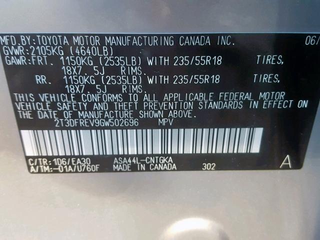 2T3DFREV9GW502696 - 2016 TOYOTA RAV4 LIMIT SILVER photo 10