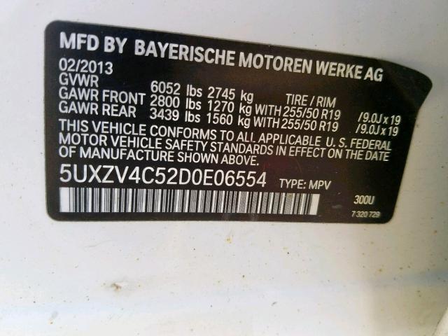 5UXZV4C52D0E06554 - 2013 BMW X5 XDRIVE3 WHITE photo 10