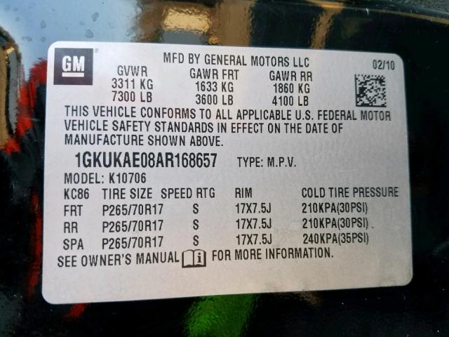 1GKUKAE08AR168657 - 2010 GMC YUKON SLE BLACK photo 10