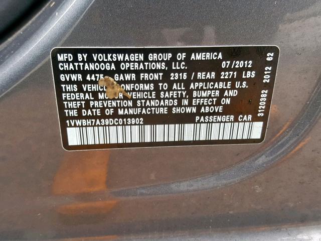 1VWBH7A39DC013902 - 2013 VOLKSWAGEN PASSAT SE GRAY photo 10