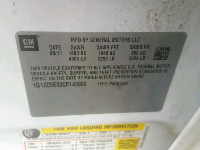 1G1ZC5E03CF143992 - 2012 CHEVROLET MALIBU 1LT WHITE photo 10