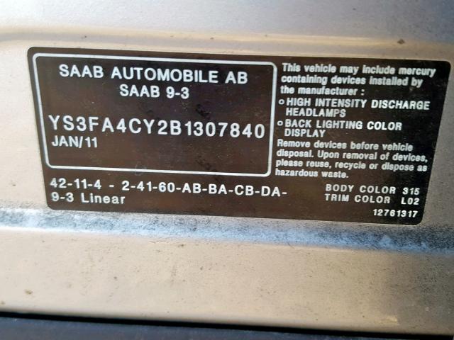 YS3FA4CY2B1307840 - 2011 SAAB 9-3 2.0T SILVER photo 10