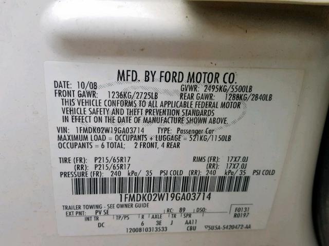 1FMDK02W19GA03714 - 2009 FORD TAURUS X S CREAM photo 10