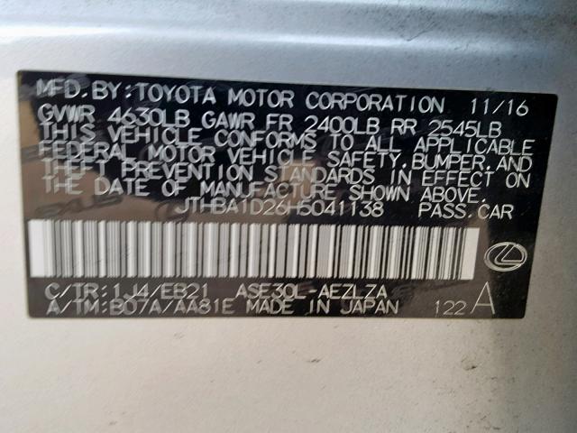 JTHBA1D26H5041138 - 2017 LEXUS IS 200T SILVER photo 10