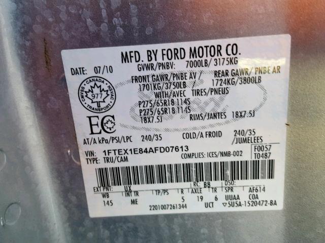 1FTEX1E84AFD07613 - 2010 FORD F150 SUPER SILVER photo 10