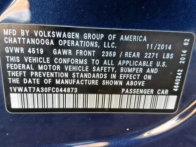 1VWAT7A30FC044873 - 2015 VOLKSWAGEN PASSAT S BLUE photo 10