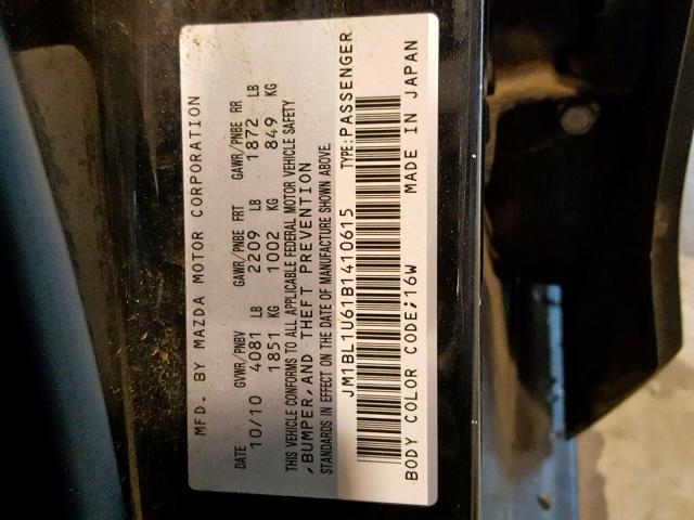 JM1BL1U61B1410615 - 2011 MAZDA 3 S BLACK photo 10