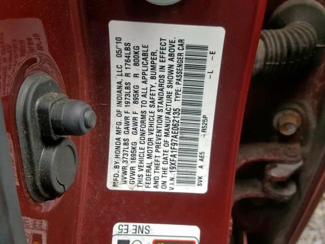 19XFA1F97AE062135 - 2010 HONDA CIVIC EXL MAROON photo 10