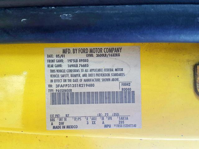 3FAFP31351R219480 - 2001 FORD FOCUS ZX3 YELLOW photo 10