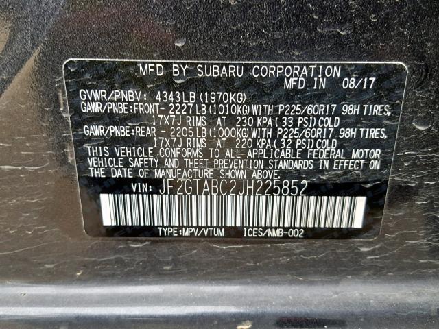 JF2GTABC2JH225852 - 2018 SUBARU CROSSTREK CHARCOAL photo 10