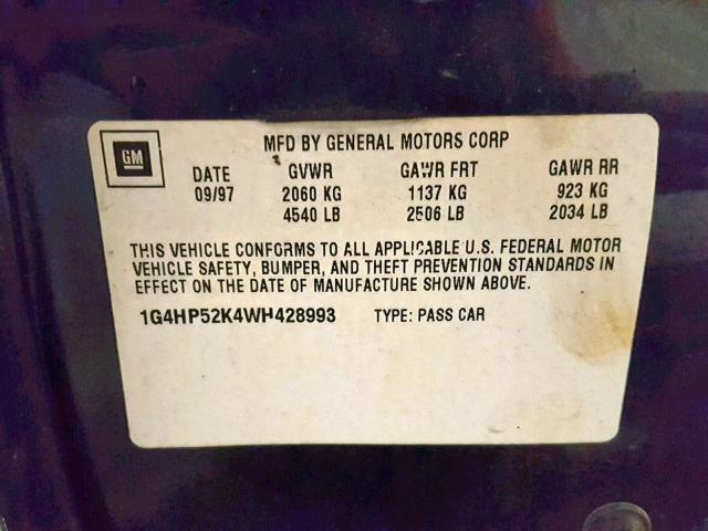 1G4HP52K4WH428993 - 1998 BUICK LESABRE CU BLUE photo 10