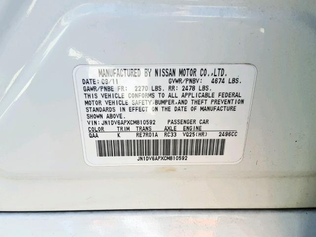 JN1DV6APXCM810592 - 2012 INFINITI G25 BASE WHITE photo 10