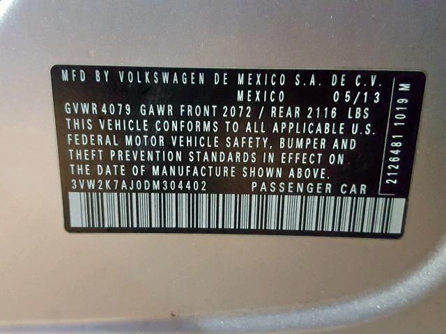 3VW2K7AJ0DM304402 - 2013 VOLKSWAGEN JETTA BASE SILVER photo 10