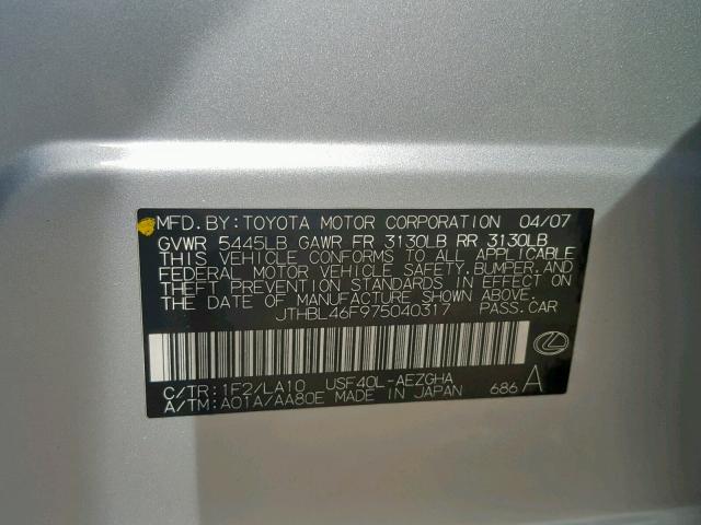 JTHBL46F975040317 - 2007 LEXUS LS 460 SILVER photo 10