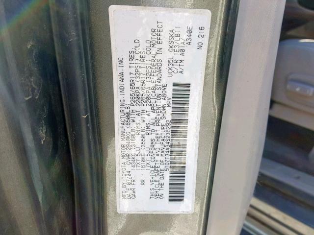 5TDZT34A34S236292 - 2004 TOYOTA SEQUOIA SR GRAY photo 10