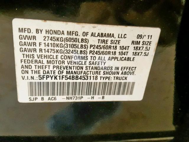 5FPYK1F54BB453118 - 2011 HONDA RIDGELINE BLACK photo 10