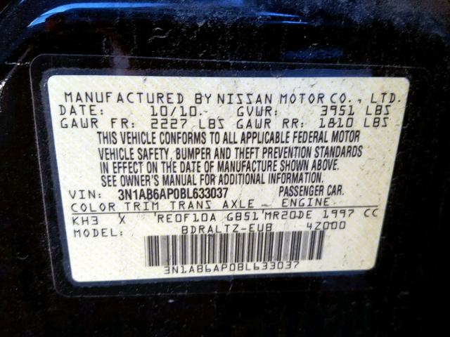 3N1AB6AP0BL633037 - 2011 NISSAN SENTRA 2.0 BLACK photo 10