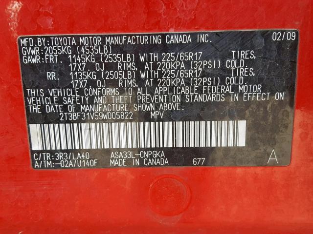 2T3BF31V59W005822 - 2009 TOYOTA RAV4 LIMIT RED photo 10