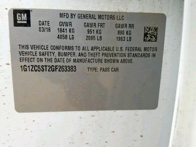 1G1ZC5ST2GF263383 - 2016 CHEVROLET MALIBU LS თეთრი ფოტო 10