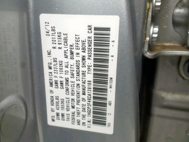 1HGCP2F46CA138169 - 2012 HONDA ACCORD LXP SILVER photo 10