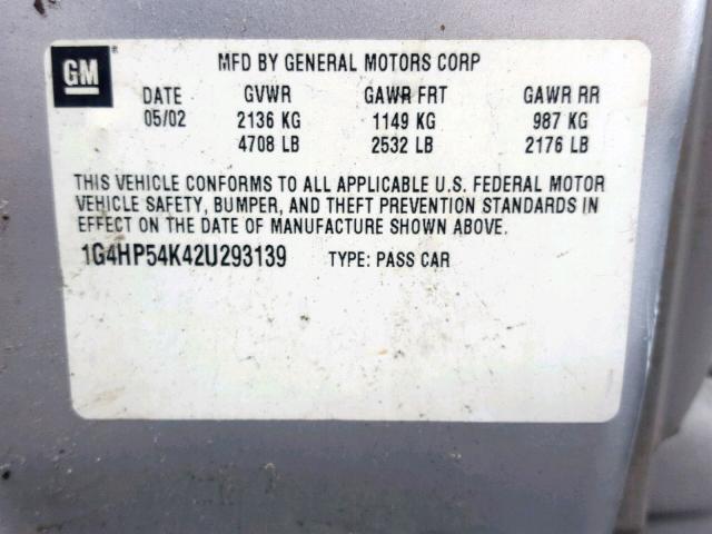 1G4HP54K42U293139 - 2002 BUICK LESABRE CU SILVER photo 10