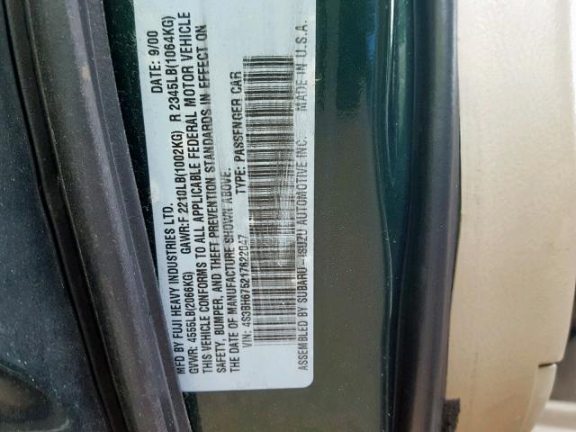 4S3BH675217622047 - 2001 SUBARU LEGACY OUT GREEN photo 10