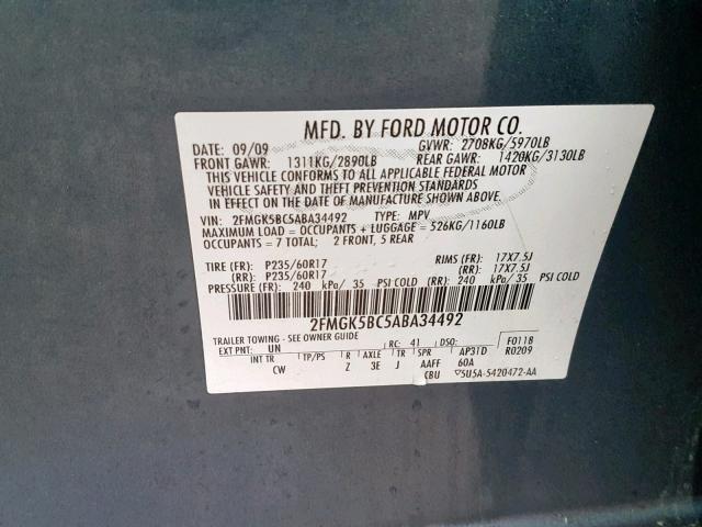 2FMGK5BC5ABA34492 - 2010 FORD FLEX SE BLUE photo 10