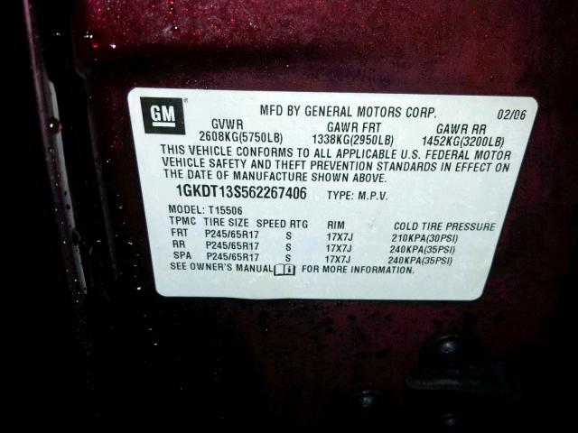 1GKDT13S562267406 - 2006 GMC ENVOY RED photo 10