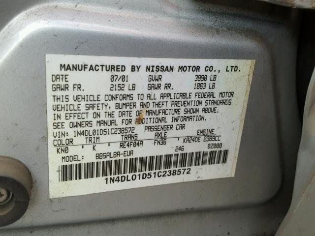 1N4DL01D51C238572 - 2001 NISSAN ALTIMA XE SILVER photo 10