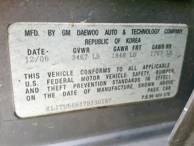 KL1TD56617B130157 - 2007 CHEVROLET AVEO BASE ნაცრისფერი ფოტო 10