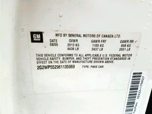 2G2WP552961135069 - 2006 PONTIAC GRAND PRIX WHITE photo 10