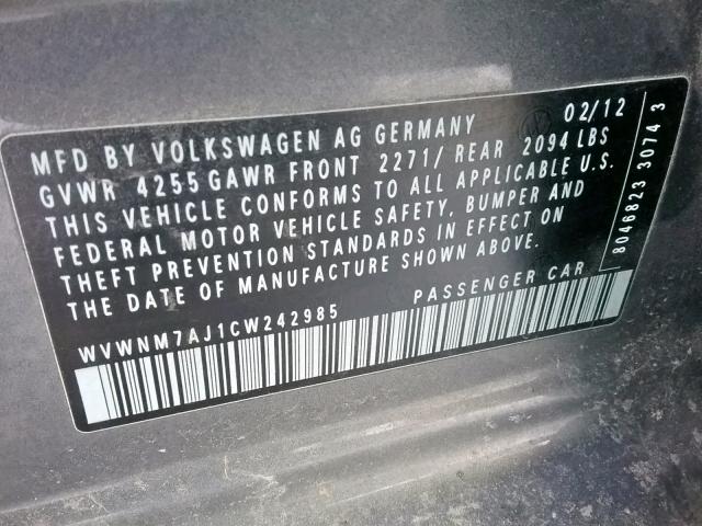 WVWNM7AJ1CW242985 - 2012 VOLKSWAGEN GOLF 灰色 照片 10