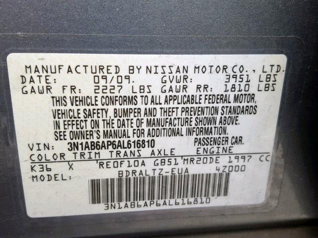 3N1AB6AP6AL616810 - 2010 NISSAN SENTRA 2.0 GRAY photo 10