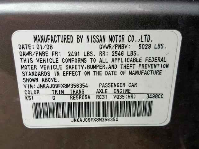 JNKAJ09FX8M356354 - 2008 INFINITI EX35 BASE GRAY photo 10