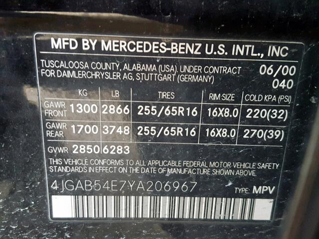 4JGAB54E7YA206967 - 2000 MERCEDES-BENZ ML 320 BLACK photo 10